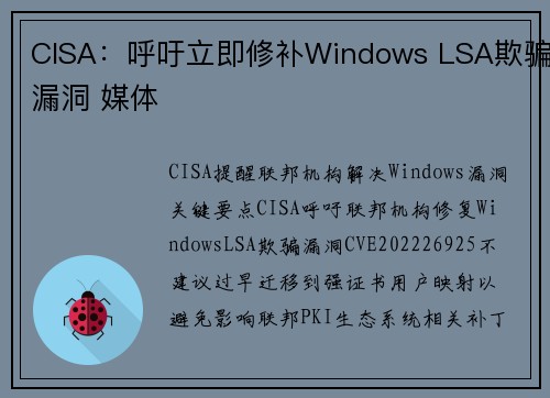 CISA：呼吁立即修补Windows LSA欺骗漏洞 媒体