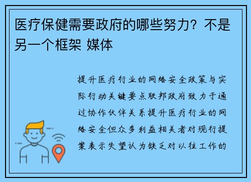 医疗保健需要政府的哪些努力？不是另一个框架 媒体